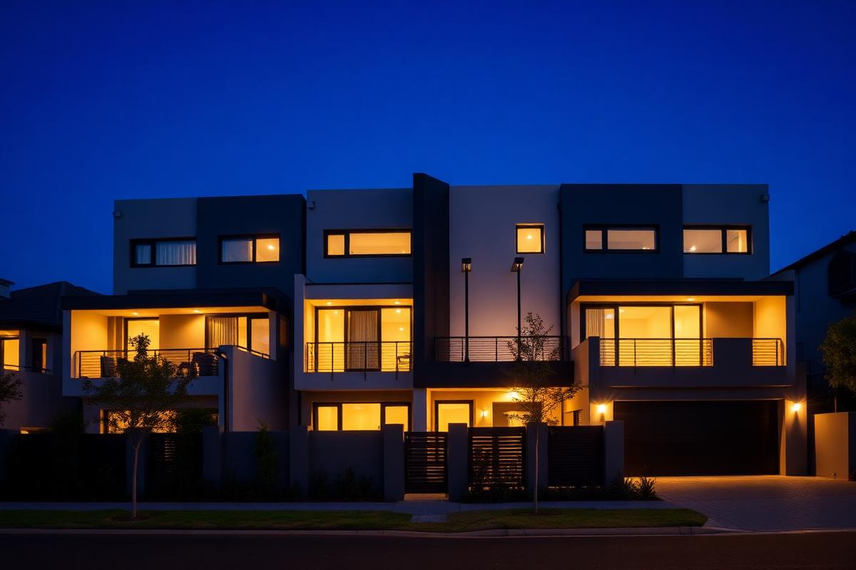 Modern townhouse at twilight